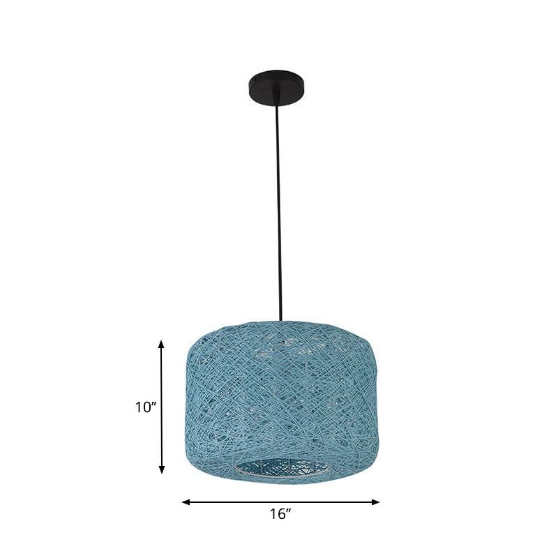 Rattan Drum Pendant Light 1 Bulb 12/16/18 Wide Beige/Blue Ceiling Hanging