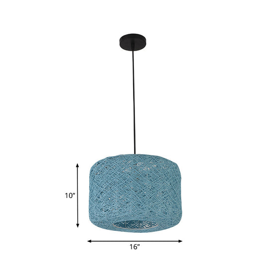 Rattan Drum Pendant Light 1 Bulb 12/16/18 Wide Beige/Blue Ceiling Hanging