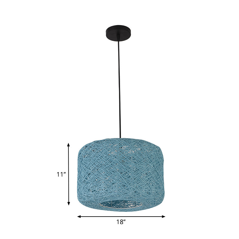 Rattan Drum Pendant Light 1 Bulb 12/16/18 Wide Beige/Blue Ceiling Hanging