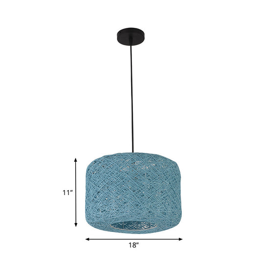 Rattan Drum Pendant Light 1 Bulb 12/16/18 Wide Beige/Blue Ceiling Hanging