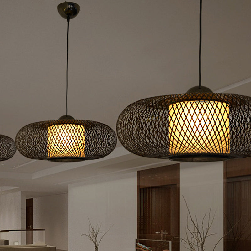 Modern Bamboo Donut Ceiling Lamp In Black/Wood For Living Room