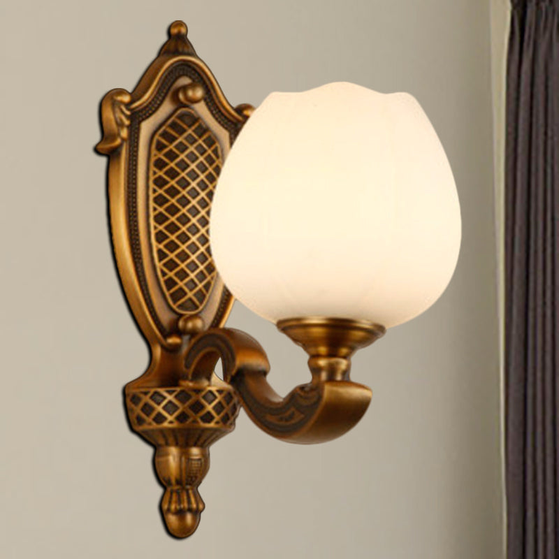 Vintage White Glass Bowl Wall Lamp - Bedroom Sconce Light With Brass Finish