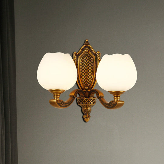 Vintage White Glass Bowl Wall Lamp - Bedroom Sconce Light With Brass Finish