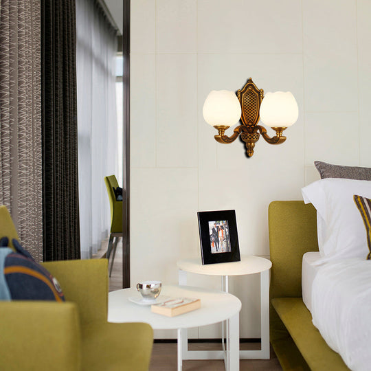 Vintage White Glass Bowl Wall Lamp - Bedroom Sconce Light With Brass Finish