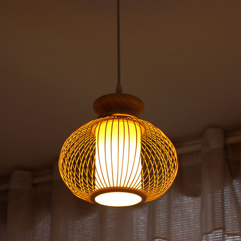 Black/Wood Bamboo Urn Pendant Light Fixture For Bedroom - 10’/12’ Wide Wood / 10’