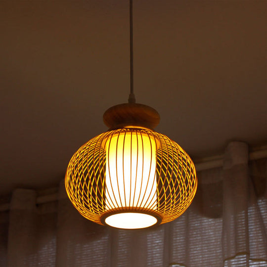 Black/Wood Bamboo Urn Pendant Light Fixture For Bedroom - 10’/12’ Wide Wood / 10’