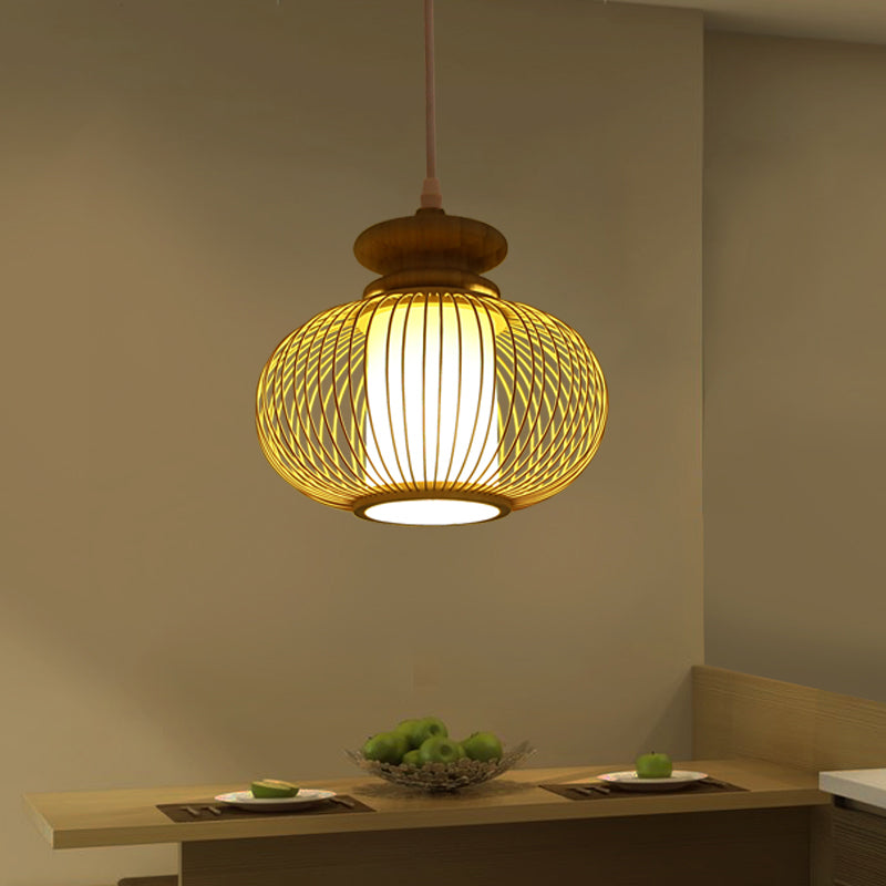 Black/Wood Bamboo Urn Pendant Light Fixture For Bedroom - 10’/12’ Wide