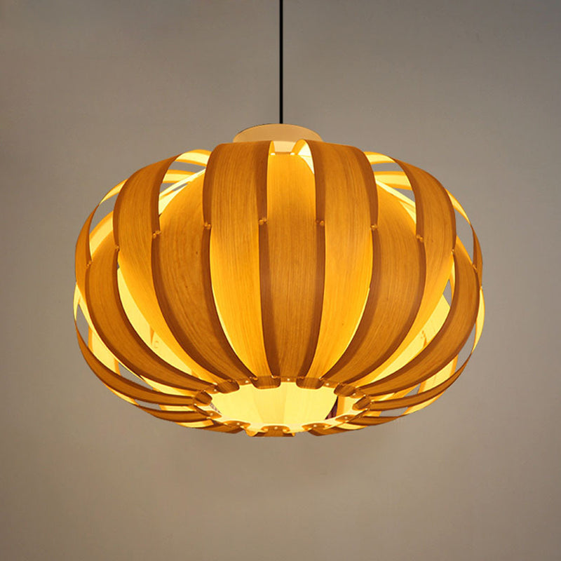 Beige Lantern Pendant Light With Wooden Shade - Modern 1-Bulb Fixture