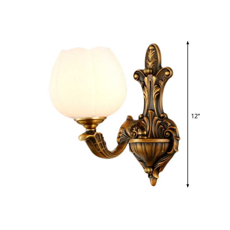 Vintage Antique Brass Wall Sconce With Milky Glass Shade: Stylish 1/2-Light Bowl