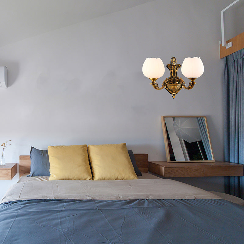 Vintage Antique Brass Wall Sconce With Milky Glass Shade: Stylish 1/2-Light Bowl