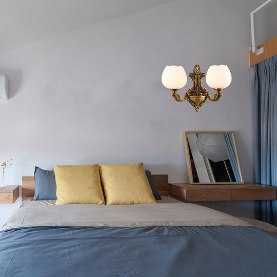 Vintage Antique Brass Wall Sconce With Milky Glass Shade: Stylish 1/2-Light Bowl