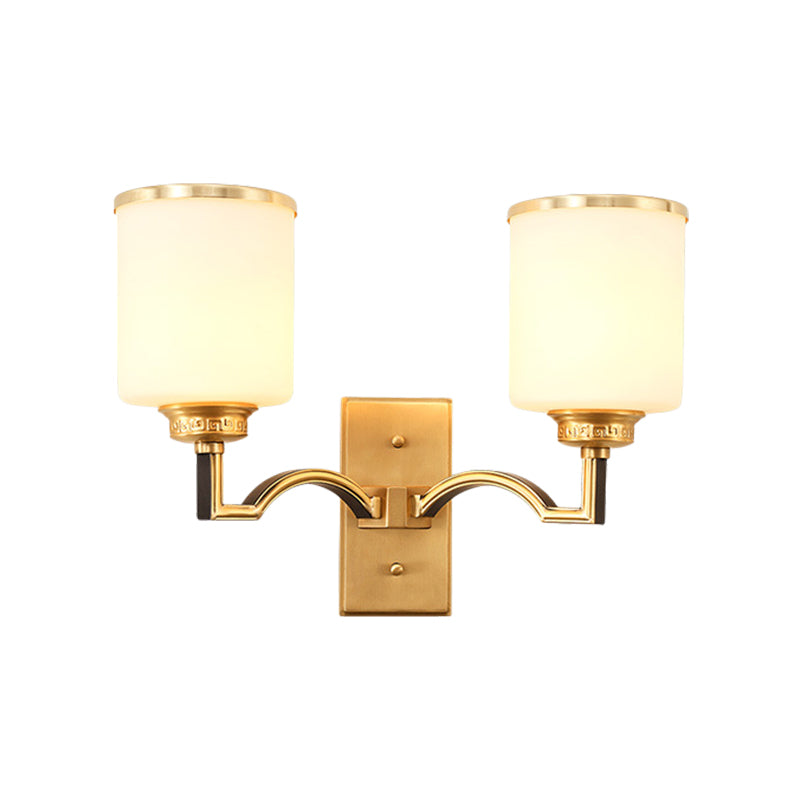 Traditional Milk Glass Wall Sconce In Gold - Cylindrical Living Room Light Fixture