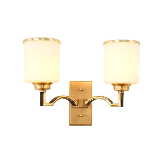 Traditional Milk Glass Wall Sconce In Gold - Cylindrical Living Room Light Fixture