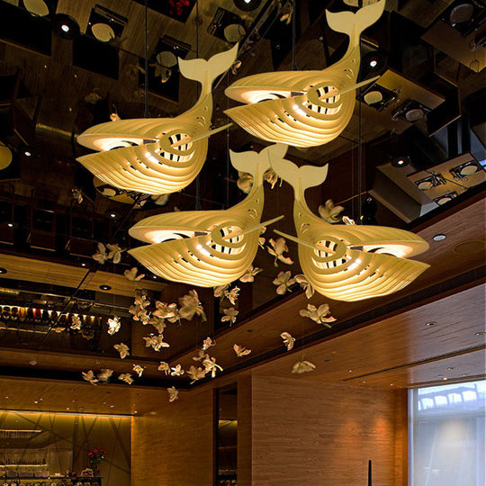 Contemporary Wood Pendant Light Kit For Stairway With Whale Suspension And Beige Finish