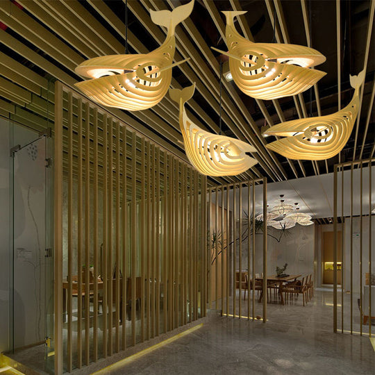 Contemporary Wood Pendant Light Kit For Stairway With Whale Suspension And Beige Finish