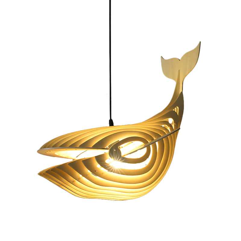 Contemporary Wood Pendant Light Kit For Stairway With Whale Suspension And Beige Finish