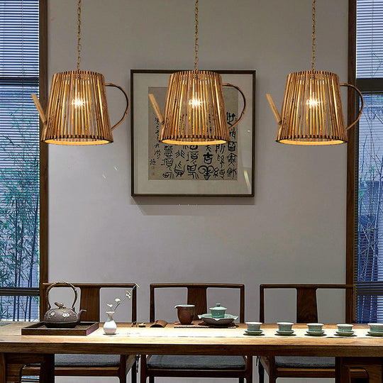Bamboo Teapot Pendant Light - Rustic Wood Hanging Lamp With Adjustable Chain