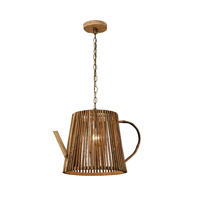 Bamboo Teapot Pendant Lighting - Wood Hanging Lamp With Adjustable Chain 1 Bulb Kit