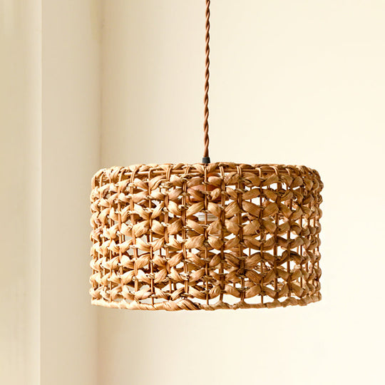 Suspension tambour en rotin marron traditionnel | Lampe suspendue à ampoule unique pour salle à manger