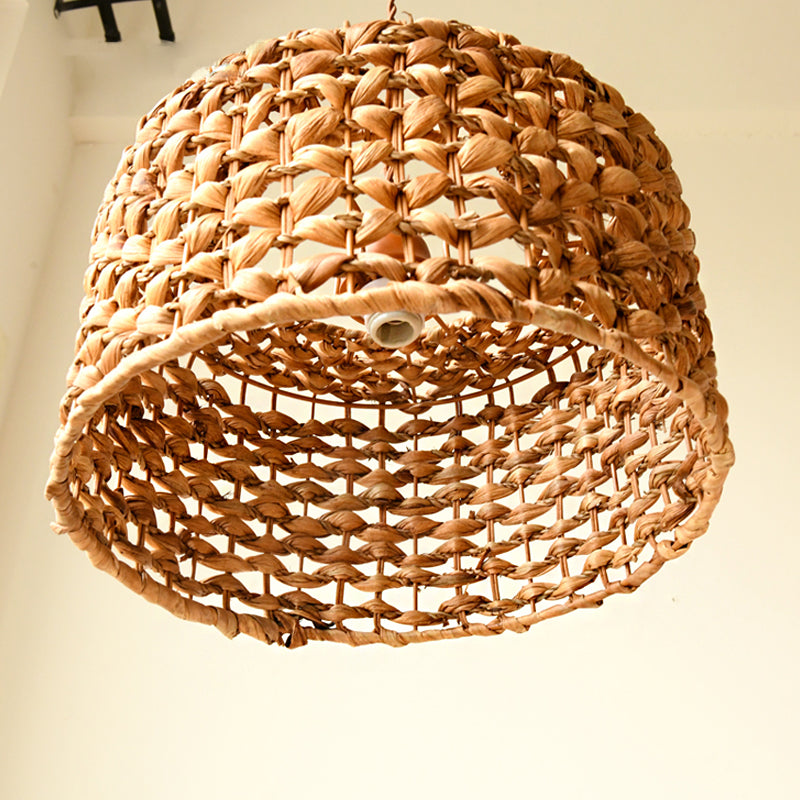 Suspension tambour en rotin marron traditionnel | Lampe suspendue à ampoule unique pour salle à manger