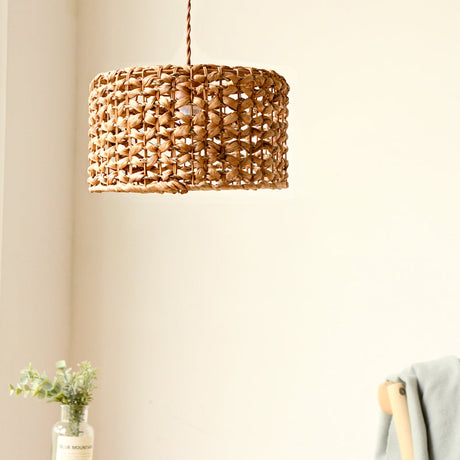 Traditional Rattan Drum Pendant: Brown Hanging Lamp Kit For Dining Room 1 Bulb