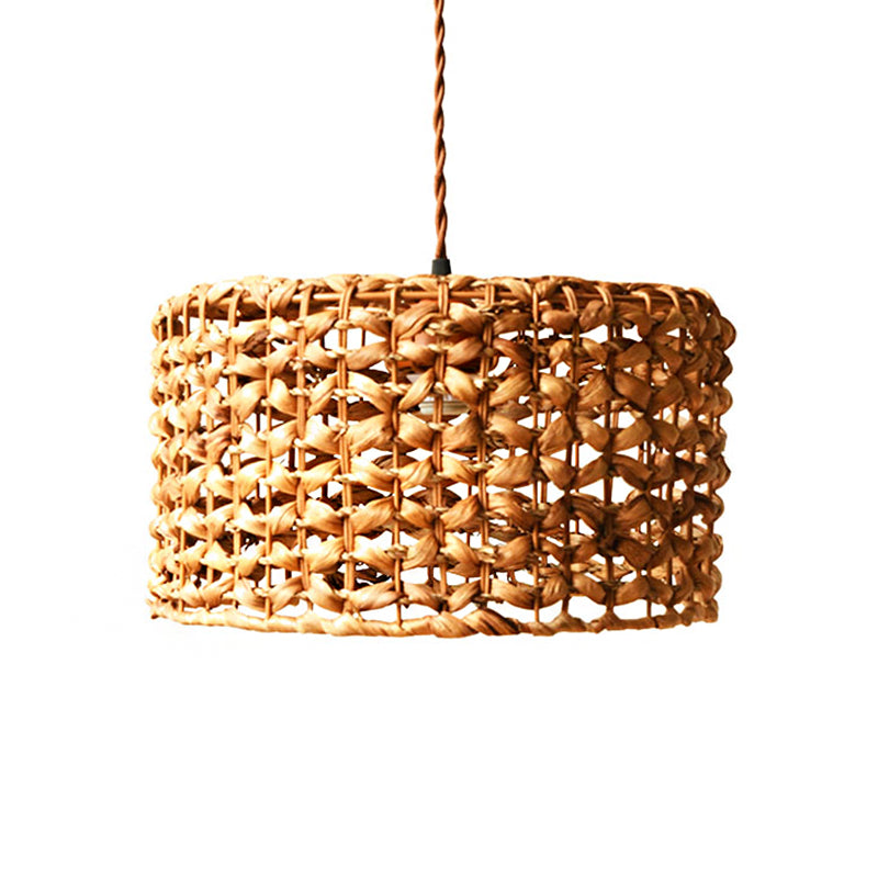 Suspension tambour en rotin marron traditionnel | Lampe suspendue à ampoule unique pour salle à manger