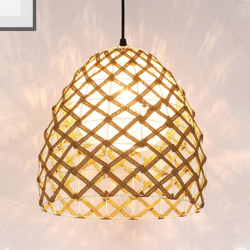 Wood Pendant Ceiling Light With Asian-Inspired Bamboo Shade / Oval