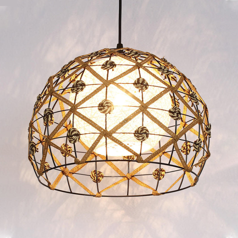 Wood Pendant Ceiling Light With Asian-Inspired Bamboo Shade / Semicircle
