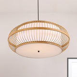 Contemporary Bamboo Pendant Light With Rounded Drum Suspension - 1 Bulb Wood Hanging Kit