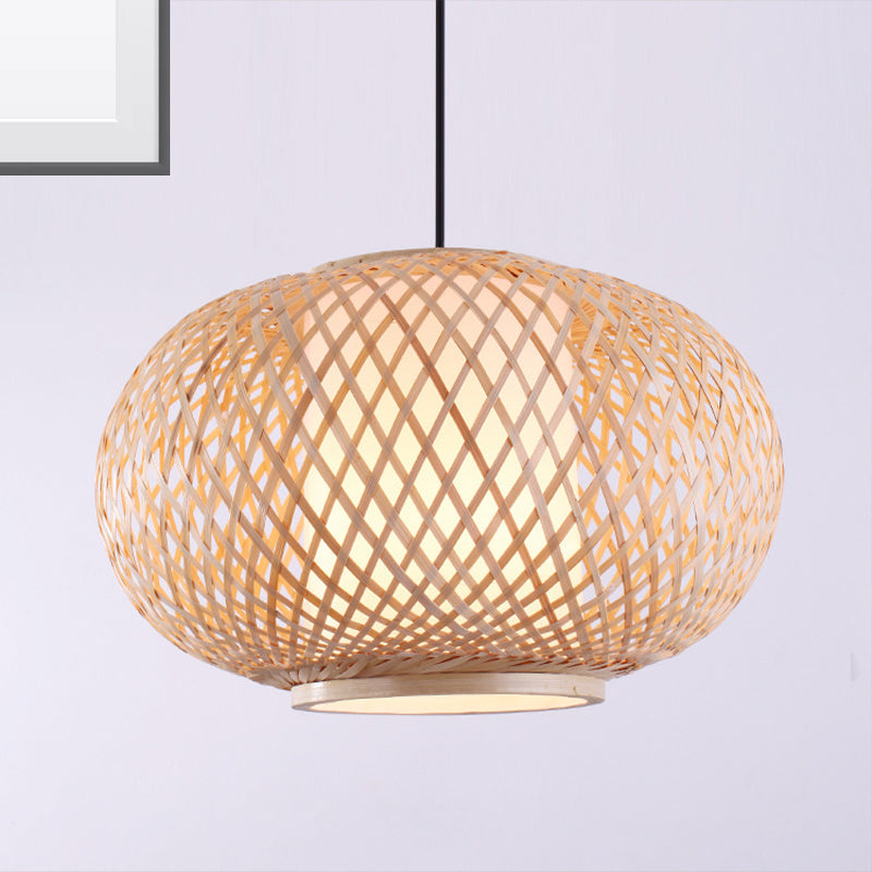 Bamboo Lantern Pendant Light - Tradition Style 1 Bulb 16’/19.5’ Wide Wood Hanging Lamp Kit / 16’
