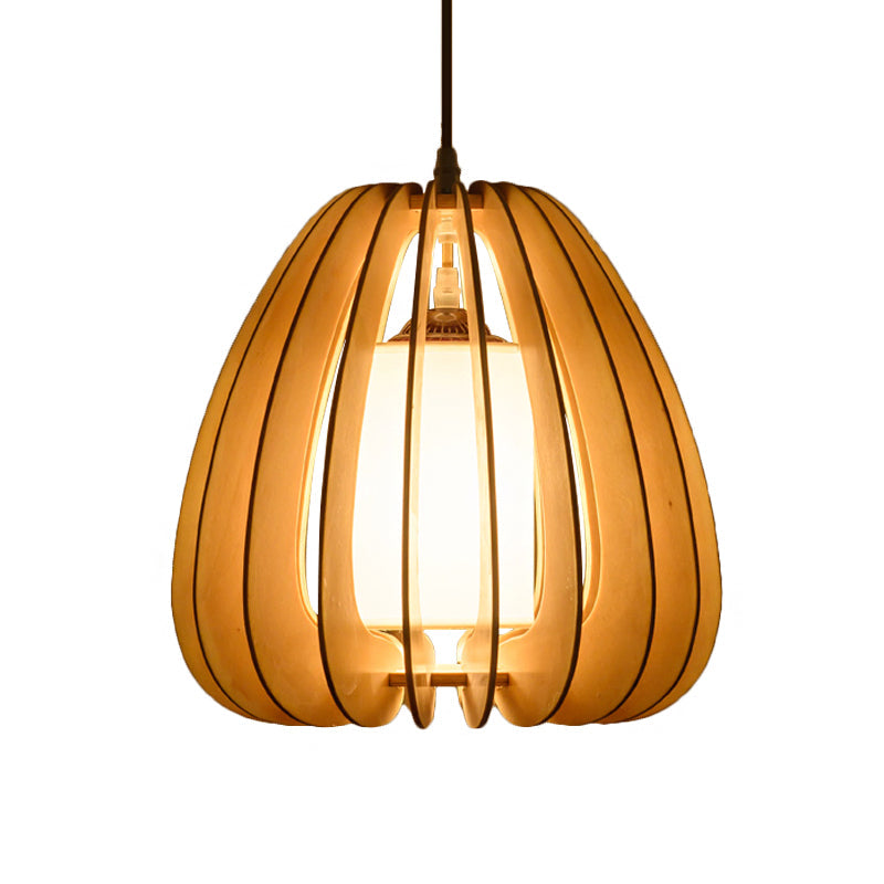 Contemporary Beige Pear Hanging Lamp - Wood Ceiling Pendant Light For Restaurants