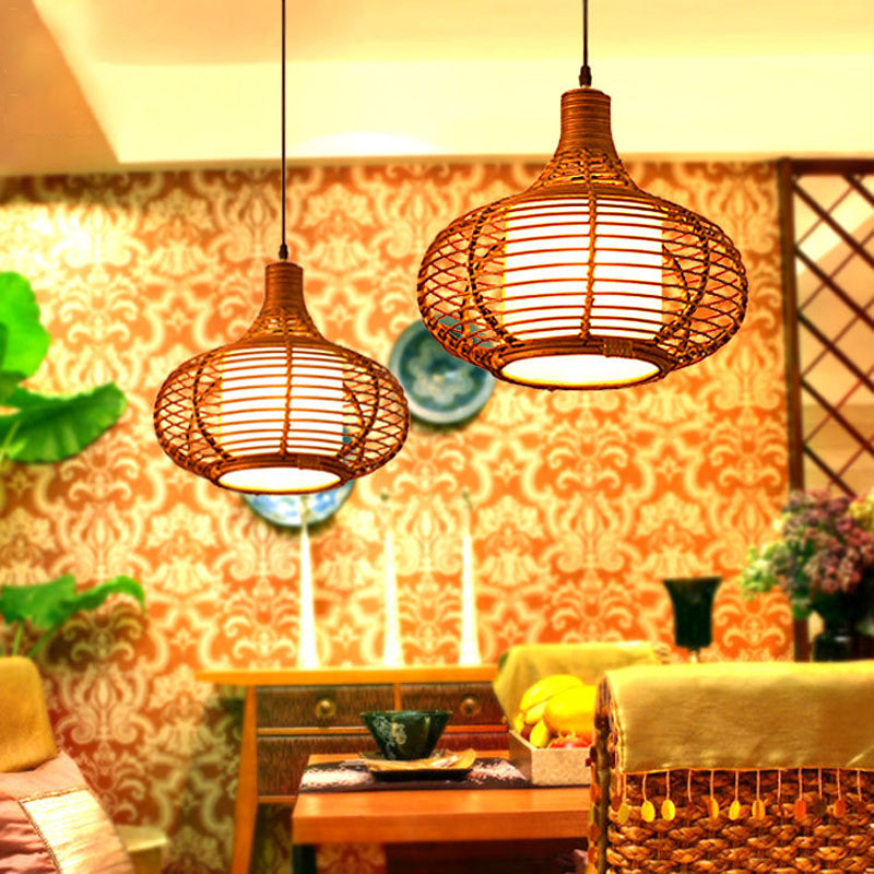 Bamboo Jar Pendant Light Kit With Inner Cylindrical Shade - Retro Style Brown 1 Bulb