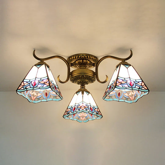 Stained Glass Vintage Ceiling Light - 3-Light Semi Flushmount In