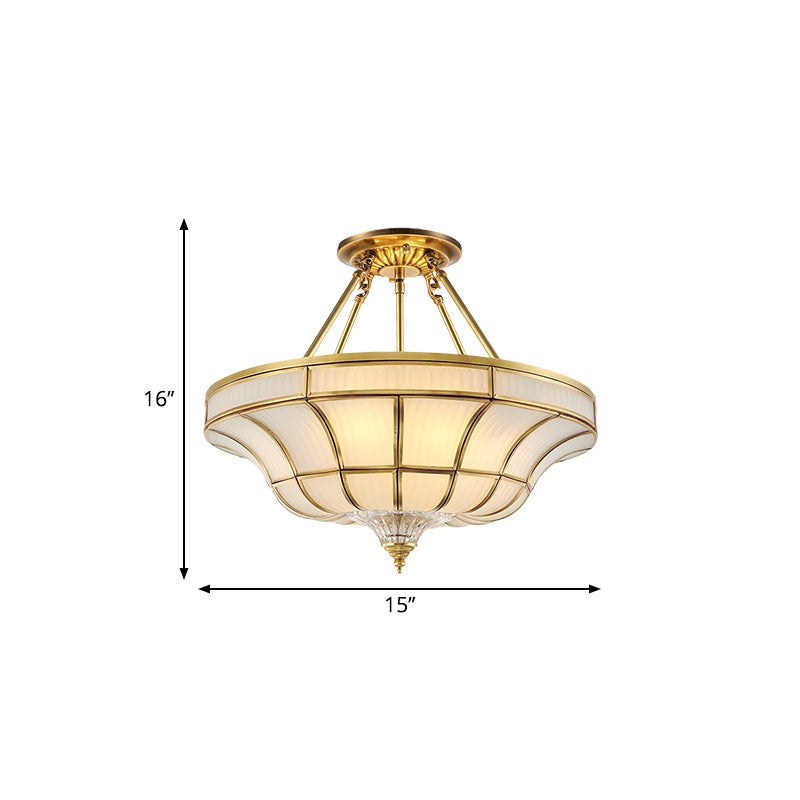 Antique Brass Semi Flush Ceiling Mount Light With Curved Frosted Glass - 3/6 Lights 16’/19.5’