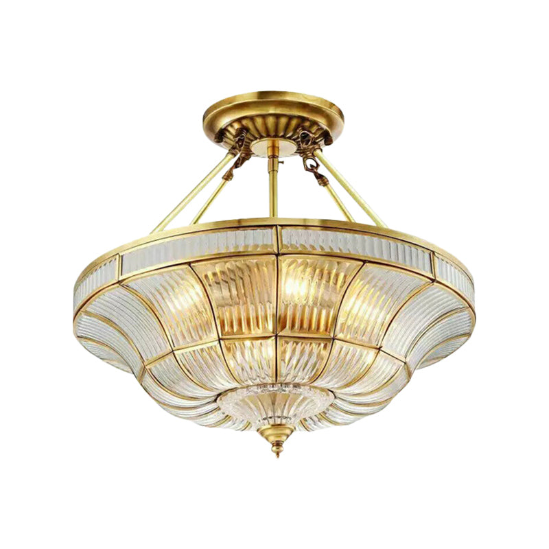 Traditional Brass Semi Flush Light With Clear Ribbed Glass Shade - 16’/19.5’ Wide 3/6 Lights