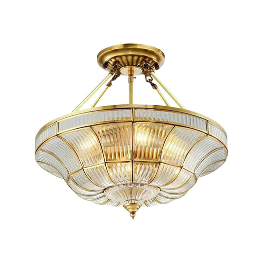 Traditional Brass Semi Flush Light With Clear Ribbed Glass Shade - 16’/19.5’ Wide 3/6 Lights