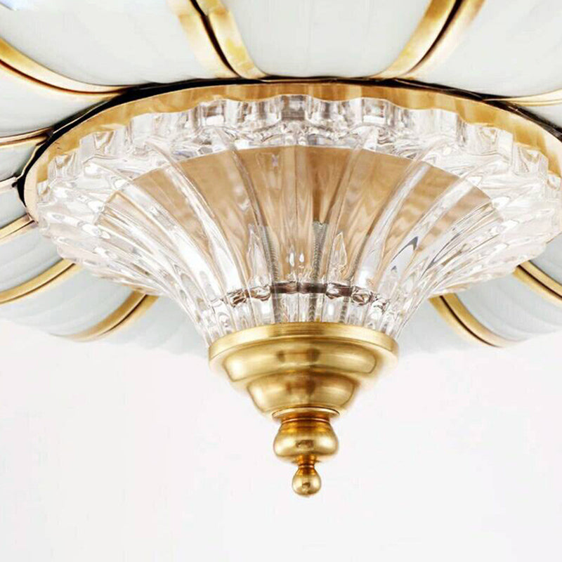 Traditional Brass Semi Flush Light With Clear Ribbed Glass Shade - 16’/19.5’ Wide 3/6 Lights
