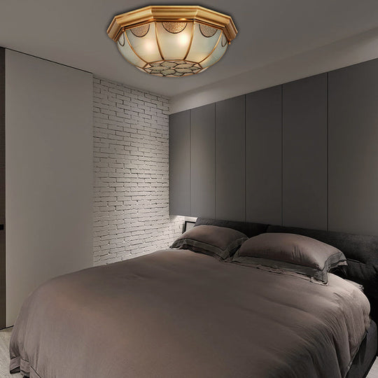 Traditional Flower Frosted Glass Flushmount Lighting In Gold - 3 - Light For Bedroom 14’/18’/23’ W