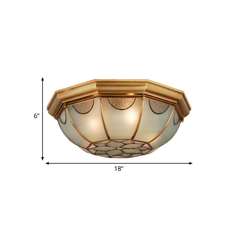 Traditional Flower Frosted Glass Flushmount Lighting In Gold - 3 - Light For Bedroom 14’/18’/23’ W