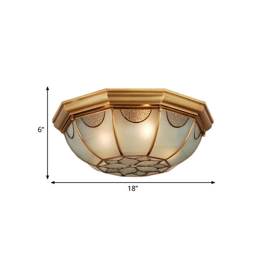 Traditional Flower Frosted Glass Flushmount Lighting In Gold - 3 - Light For Bedroom 14’/18’/23’ W