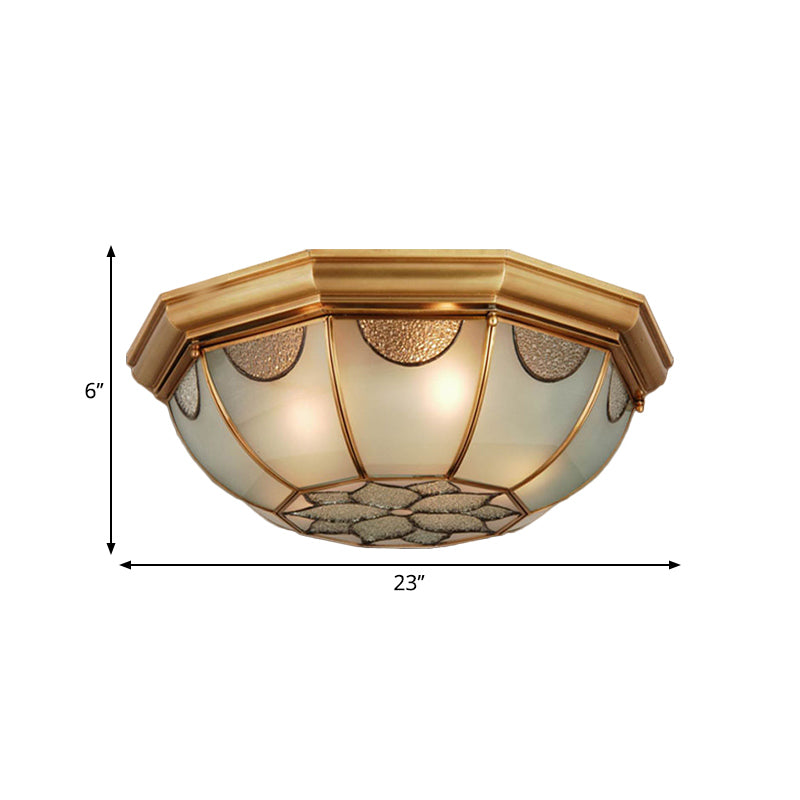 Traditional Flower Frosted Glass Flushmount Lighting In Gold - 3 - Light For Bedroom 14’/18’/23’ W