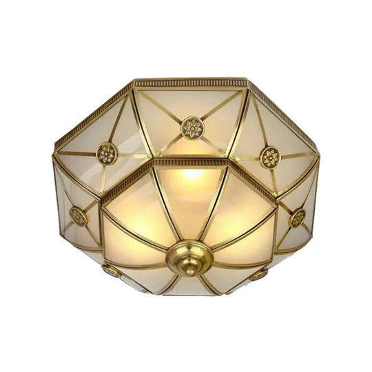 Traditional Brass Flush Mount Ceiling Light Fixture With Frosted Glass Flower Design For Bedroom