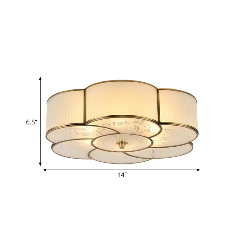 Traditional Brass Floral Flush Mount Lamp For Bedroom With Frosted Glass