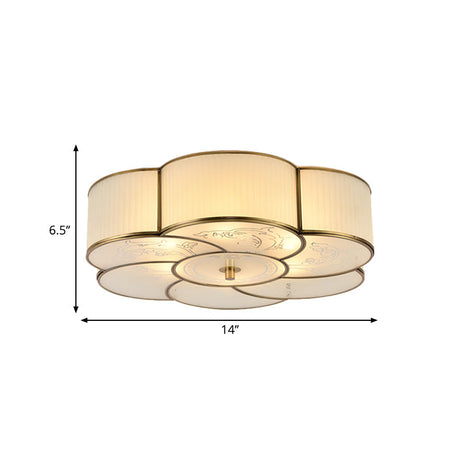 Traditional Brass Floral Flush Mount Lamp For Bedroom With Frosted Glass