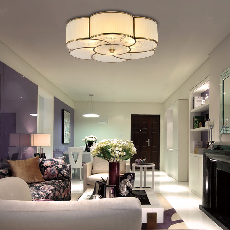 Traditional Brass Floral Flush Mount Lamp For Bedroom With Frosted Glass
