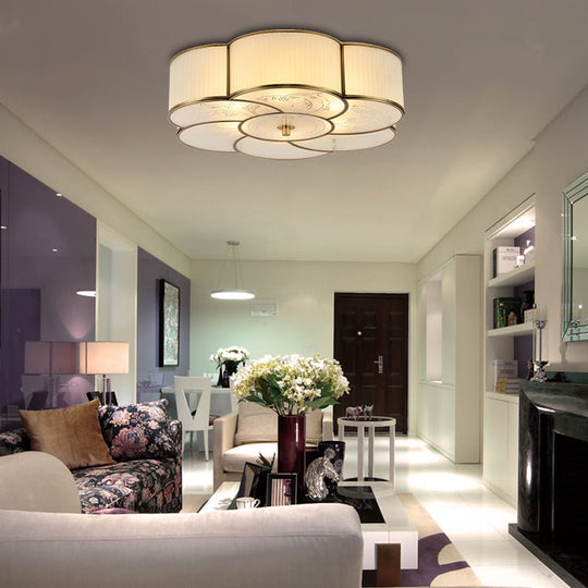 Traditional Brass Floral Flush Mount Lamp For Bedroom With Frosted Glass