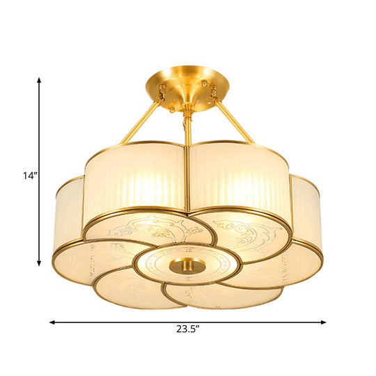 Traditional Brass Semi - Flush Flower Ceiling Light With White Curved Glass Shade - 4/6 Lights