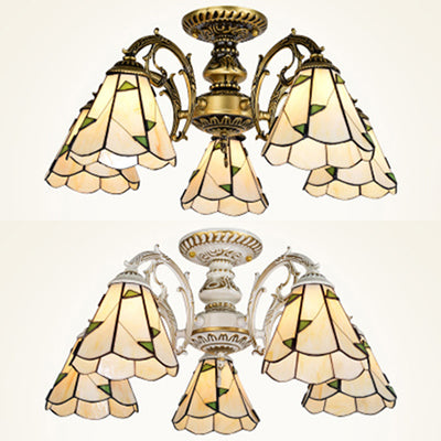 Vintage Lodge Stained Glass Semi Flush Ceiling Light In White/Antique Brass With Conical Design -