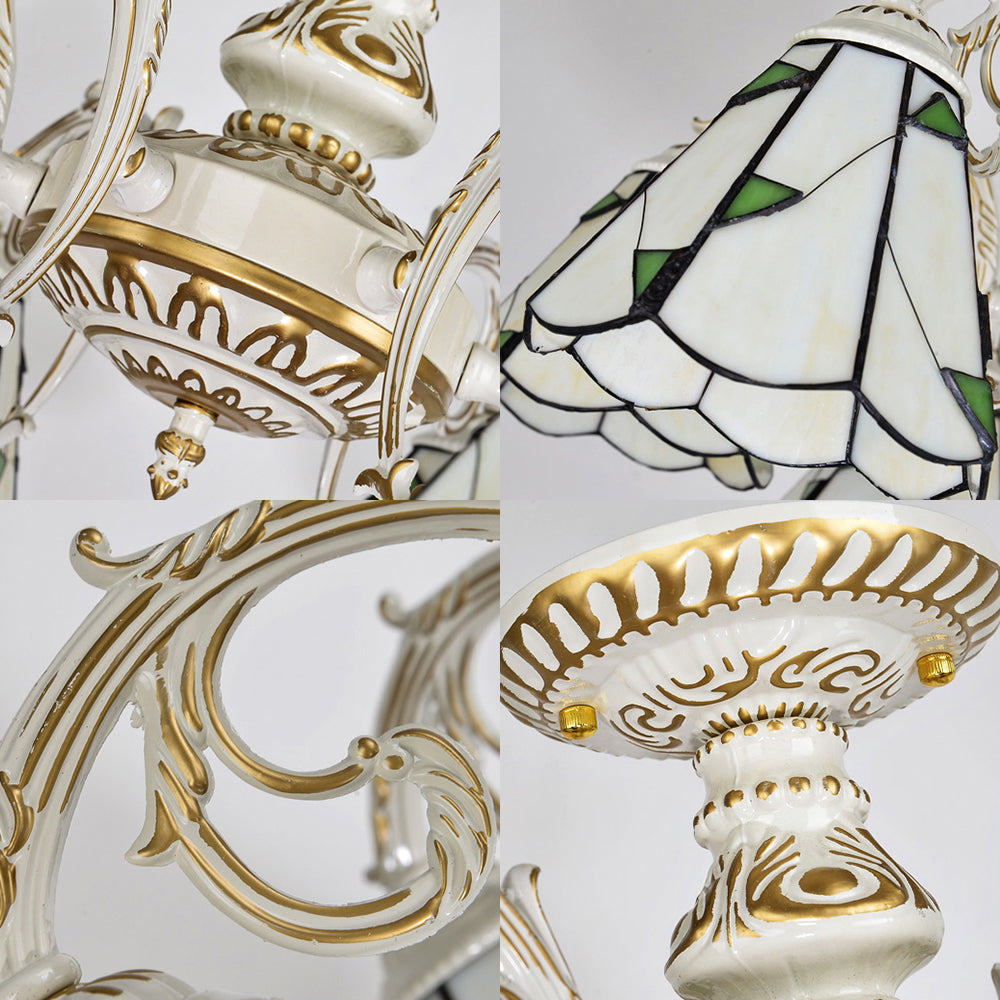 Vintage Lodge Stained Glass Semi Flush Ceiling Light In White/Antique Brass With Conical Design -
