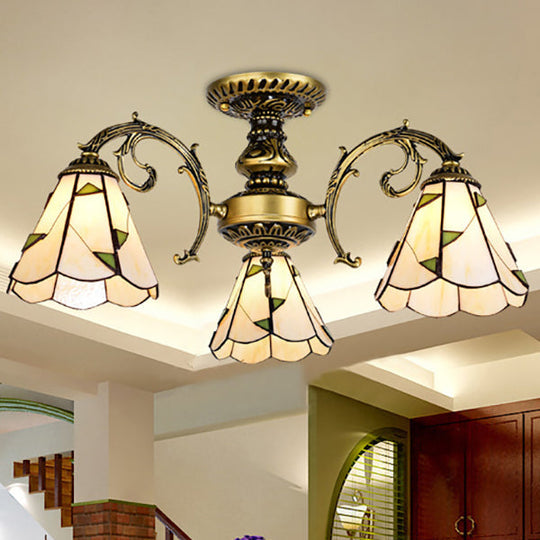Vintage Lodge Stained Glass Semi Flush Ceiling Light In White/Antique Brass With Conical Design -